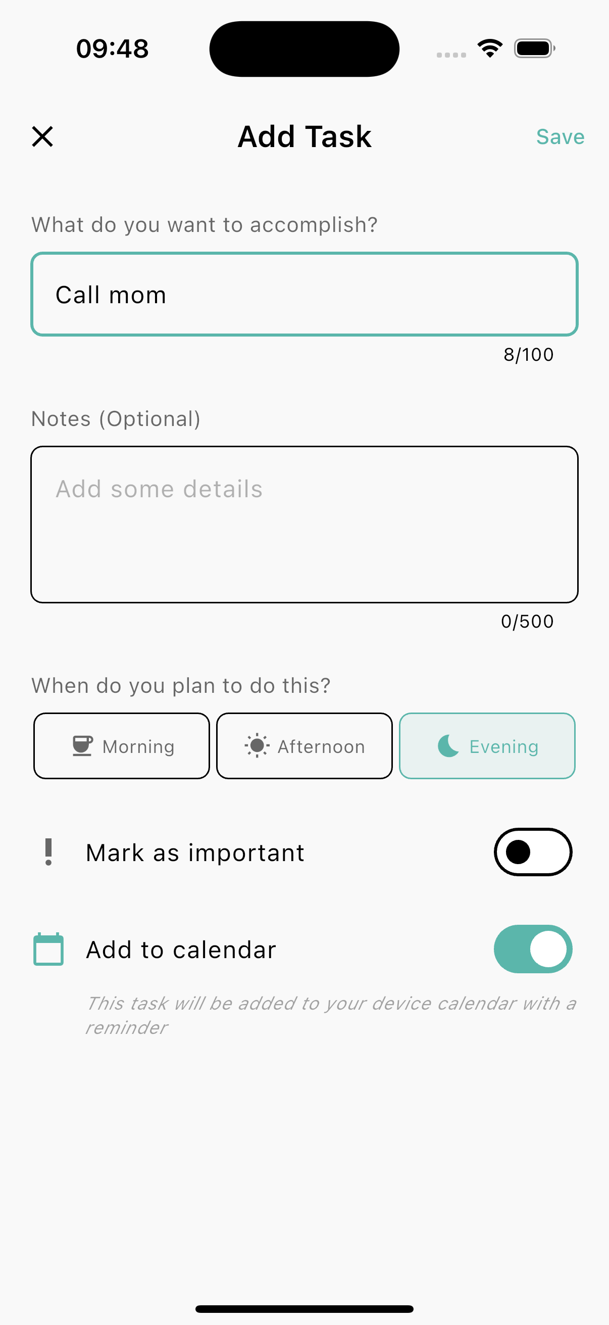 3 Tasks Per Day - Create new task screen